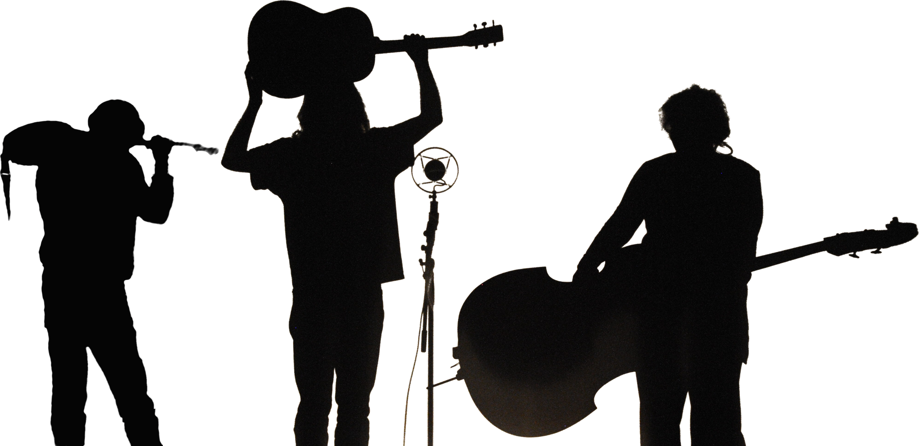 Silhouettes des trois musiciens portant leurs instruments.